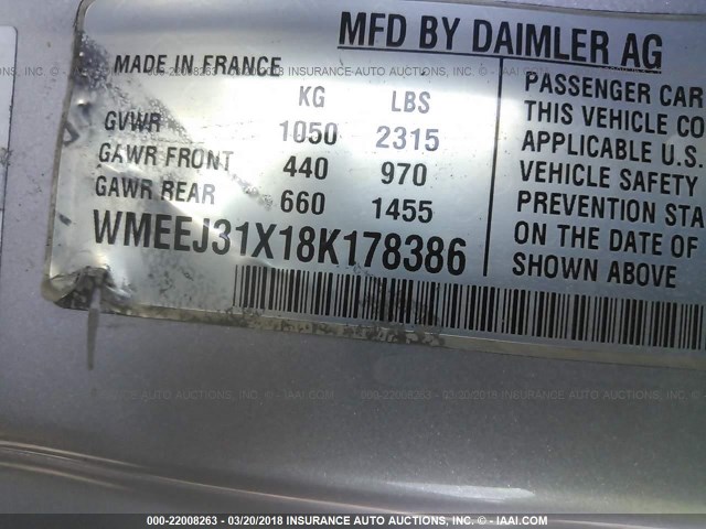 WMEEJ31X18K178386 - 2008 SMART FORTWO PURE/PASSION ORANGE photo 9