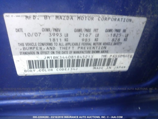 JM1BK344081845213 - 2008 MAZDA 3 HATCHBACK BLUE photo 9