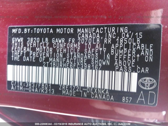 2T1BURHE6FC398167 - 2015 TOYOTA COROLLA L/LE/LE PLS/PRM/S/S PLS RED photo 9