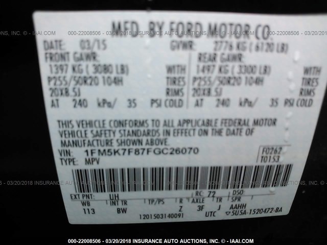 1FM5K7F87FGC26070 - 2015 FORD EXPLORER LIMITED 黑色 照片 9