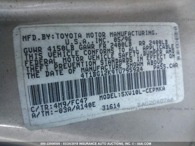 4T1BG12K9TU795924 - 1996 TOYOTA CAMRY DX/LE/XLE Champagne photo 9