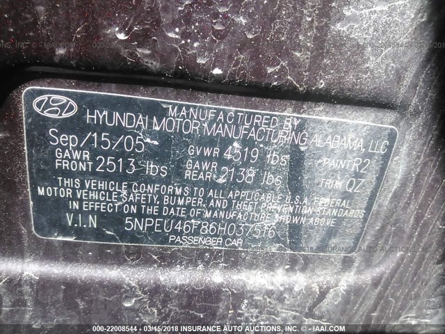 5NPEU46F86H037516 - 2006 HYUNDAI SONATA GLS/LX BURGUNDY photo 9