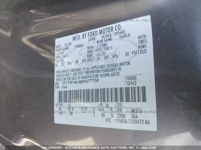 1FTYR14U48PA77758 - 2008 FORD RANGER SUPER CAB GRAY photo 9