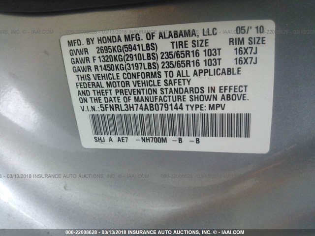 5FNRL3H74AB079144 - 2010 HONDA ODYSSEY EXL SILVER photo 9