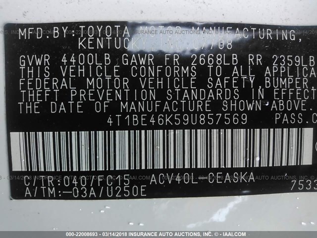 4T1BE46K59U857569 - 2009 TOYOTA CAMRY SE/LE/XLE WHITE photo 9