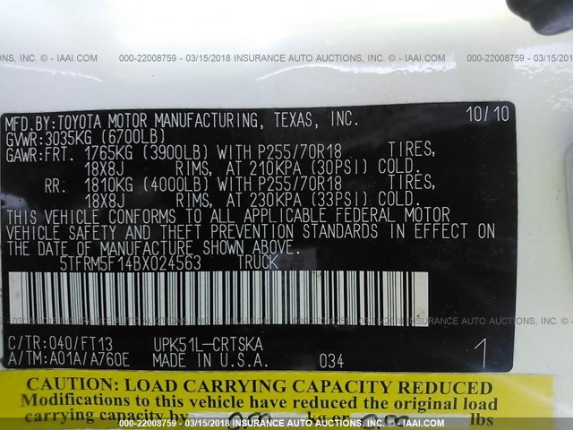 5TFRM5F14BX024563 - 2011 TOYOTA TUNDRA DOUBLE CAB SR5 WHITE photo 9