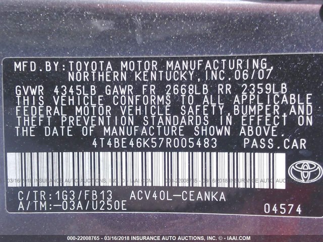 4T4BE46K57R005483 - 2007 TOYOTA CAMRY NEW GENERAT CE/LE/XLE/SE GRAY photo 9