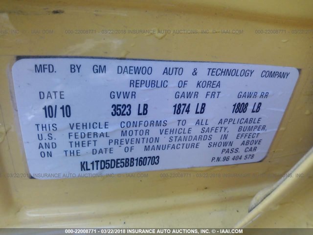 KL1TD5DE5BB160703 - 2011 CHEVROLET AVEO LS/LT YELLOW photo 9