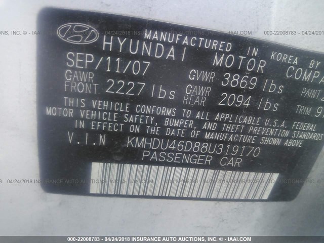 KMHDU46D88U319170 - 2008 HYUNDAI ELANTRA GLS/SE/LIMITED SILVER photo 9