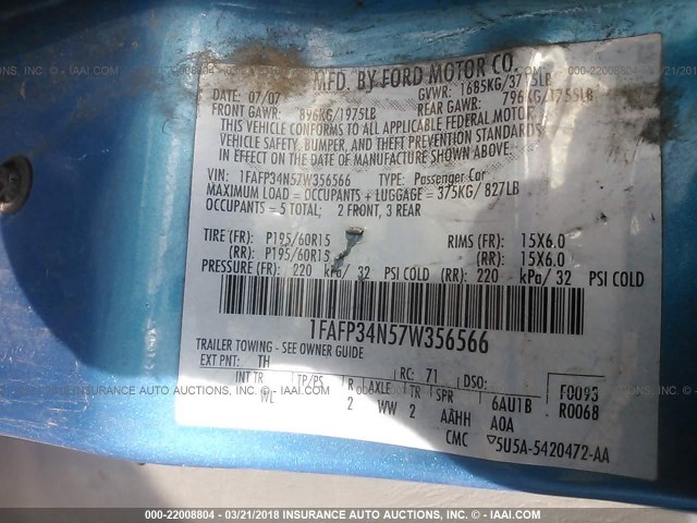 1FAFP34N57W356566 - 2007 FORD FOCUS ZX4/S/SE/SES 灰色 照片 9