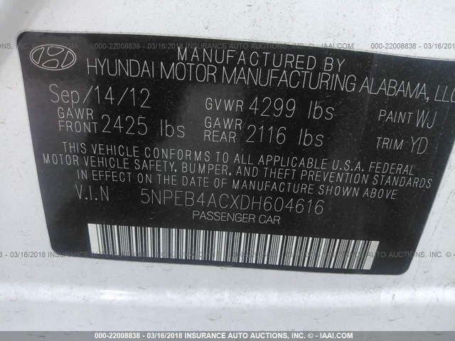 5NPEB4ACXDH604616 - 2013 HYUNDAI SONATA GLS WHITE photo 9