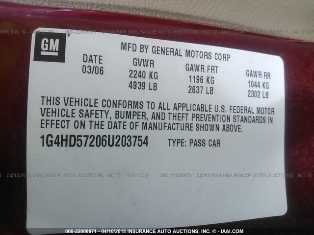 1G4HD57206U203754 - 2006 BUICK LUCERNE CXL RED photo 9