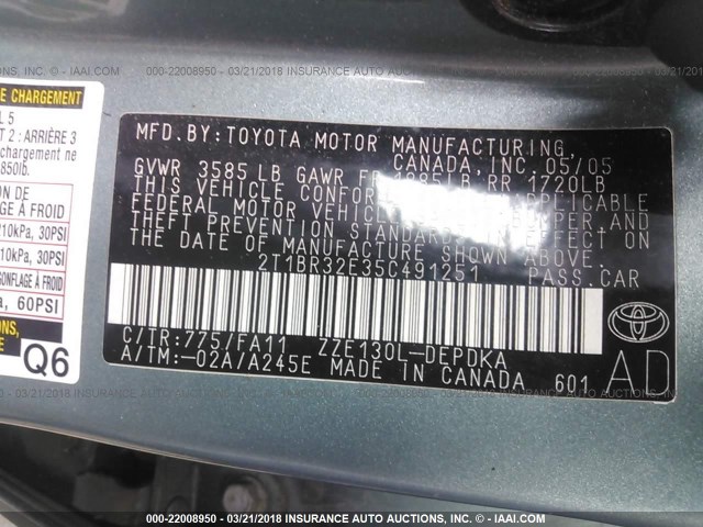 2T1BR32E35C491251 - 2005 TOYOTA COROLLA CE/LE/S Light Blue photo 9