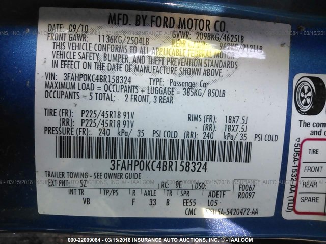 3FAHP0KC4BR158324 - 2011 FORD FUSION SPORT BLUE photo 9