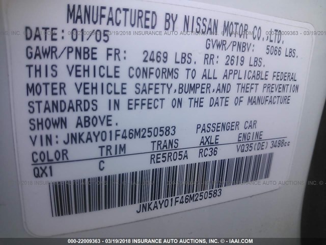 JNKAY01F46M250583 - 2006 INFINITI M35 SPORT WHITE photo 9