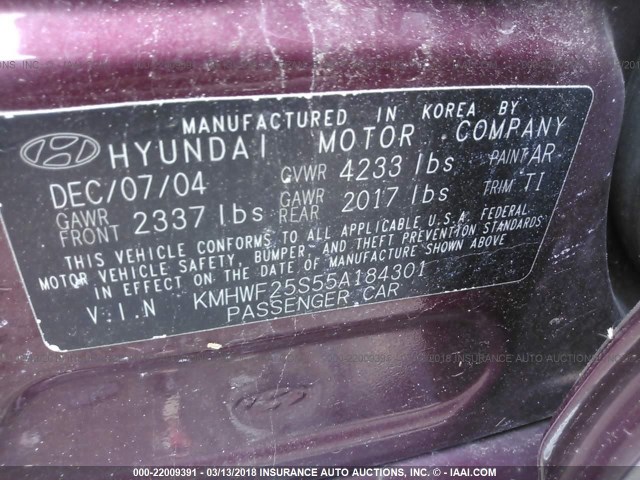 KMHWF25S55A184301 - 2005 HYUNDAI SONATA GL MAROON photo 9