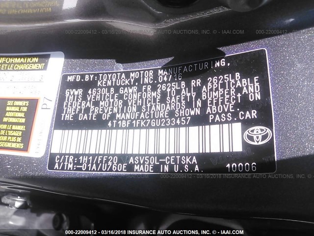 4T1BF1FK7GU233457 - 2016 TOYOTA CAMRY LE/XLE/SE/XSE GRAY photo 9