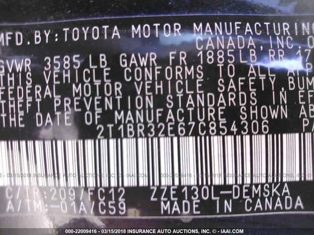 2T1BR32E67C854306 - 2007 TOYOTA COROLLA CE/LE/S BLACK photo 9