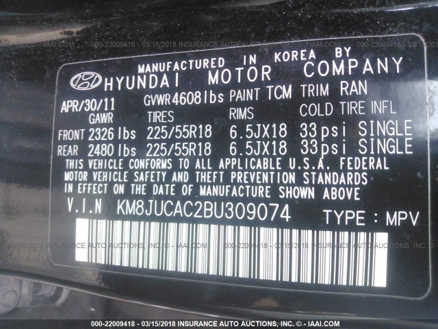 KM8JUCAC2BU309074 - 2011 HYUNDAI TUCSON GLS/LIMITED BLACK photo 9