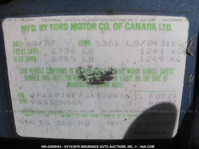 2FABP74F7JX102416 - 1988 FORD CROWN VICTORIA LX BLUE photo 9