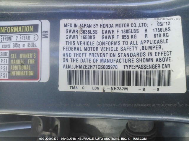 JHMZE2H77CS005970 - 2012 HONDA INSIGHT EX GRAY photo 9