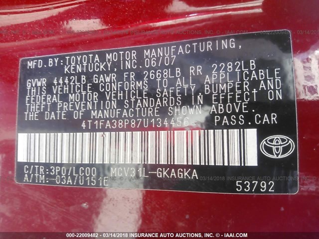 4T1FA38P87U134456 - 2007 TOYOTA CAMRY SOLARA SE/SLE RED photo 9