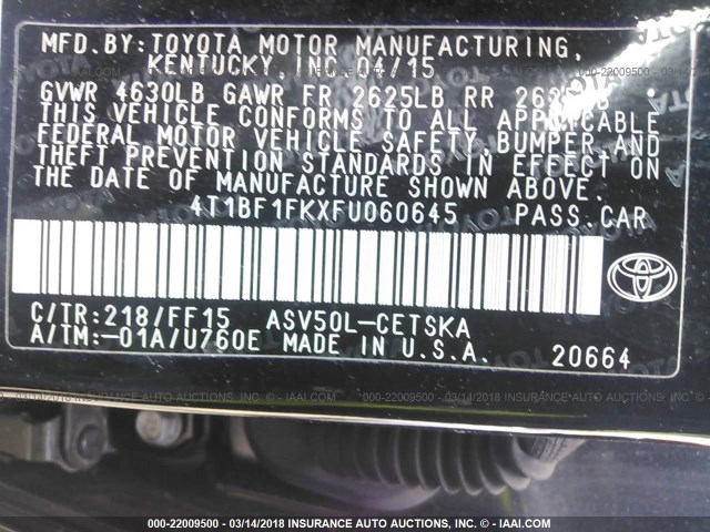 4T1BF1FKXFU060645 - 2015 TOYOTA CAMRY LE/XLE/SE/XSE BLACK photo 9