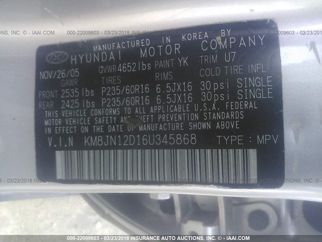 KM8JN12D16U345868 - 2006 HYUNDAI TUCSON GLS/LIMITED 银色 照片 9
