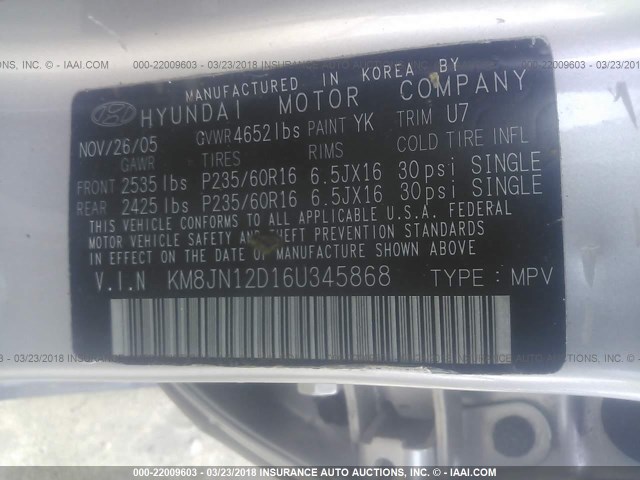 KM8JN12D16U345868 - 2006 HYUNDAI TUCSON GLS/LIMITED SILVER photo 9