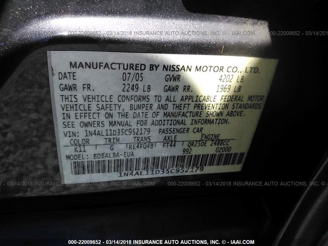 1N4AL11D35C952179 - 2005 NISSAN ALTIMA S/SL GRAY photo 9