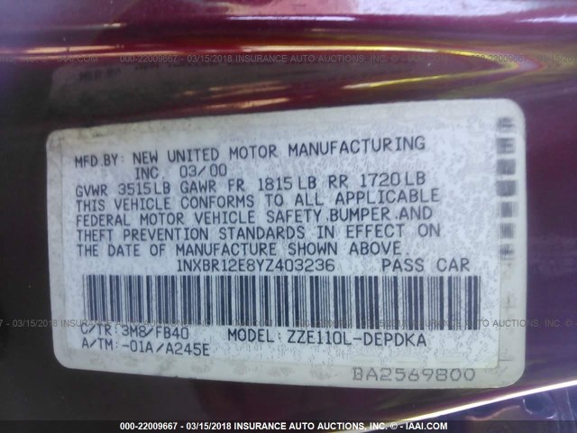 1NXBR12E8YZ403236 - 2000 TOYOTA COROLLA VE/CE/LE 勃艮第红 照片 9