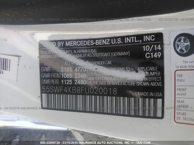 55SWF4KB8FU020018 - 2015 MERCEDES-BENZ C 300 4MATIC WHITE photo 9