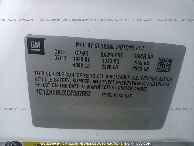 1G1ZA5EUXCF387552 - 2012 CHEVROLET MALIBU LS თეთრი ფოტო 9