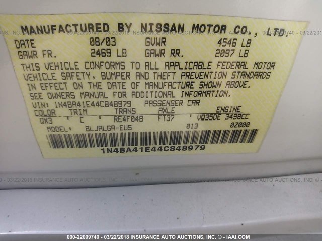 1N4BA41E44C848979 - 2004 NISSAN MAXIMA SE/SL WHITE photo 9