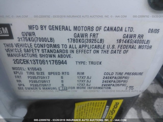 2GCEK13T061176944 - 2006 CHEVROLET SILVERADO K1500 WHITE photo 9