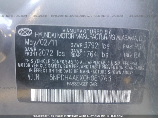 5NPDH4AEXCH061763 - 2012 HYUNDAI ELANTRA GLS/LIMITED GRAY photo 9