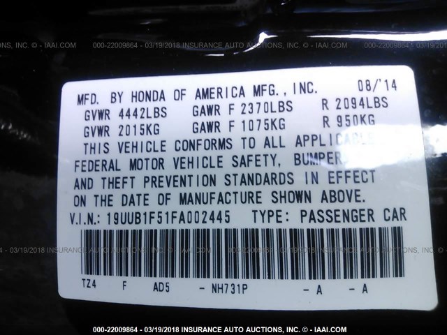 19UUB1F51FA002445 - 2015 ACURA TLX TECH أسود صورة 9