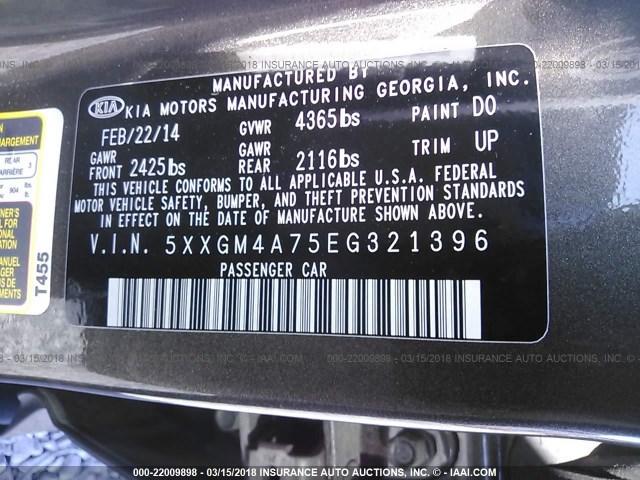 5XXGM4A75EG321396 - 2014 KIA OPTIMA LX GRAY photo 9