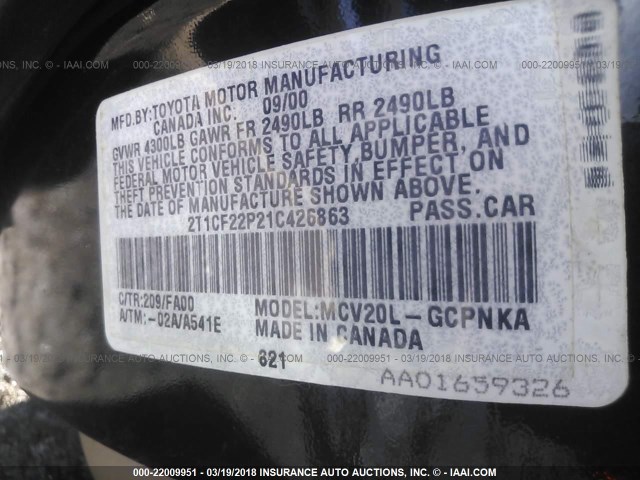 2T1CF22P21C426863 - 2001 TOYOTA CAMRY SOLARA SE/SLE შავი ფოტო 9