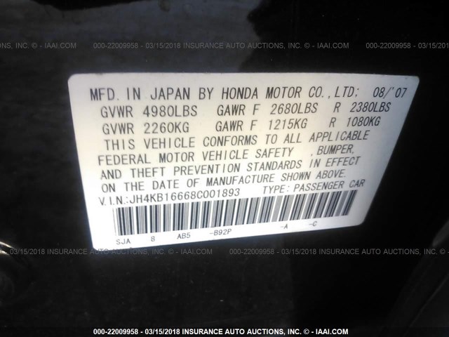 JH4KB16668C001893 - 2008 ACURA RL შავი ფოტო 9