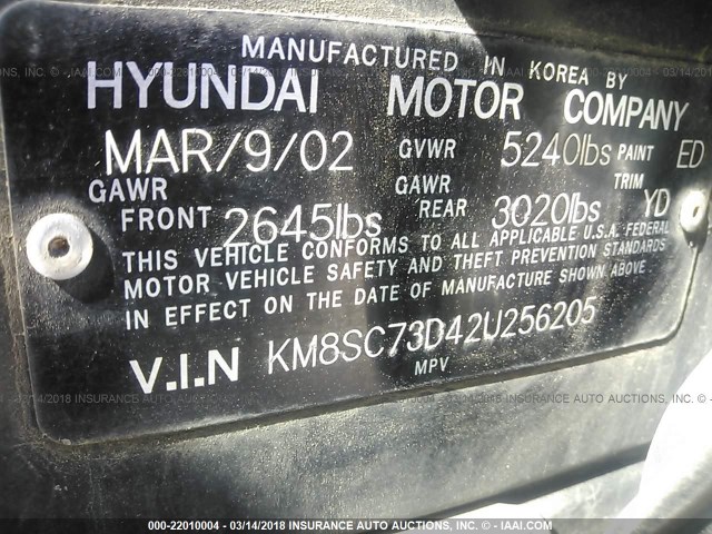 KM8SC73D42U256205 - 2002 HYUNDAI SANTA FE GLS/LX BLACK photo 9