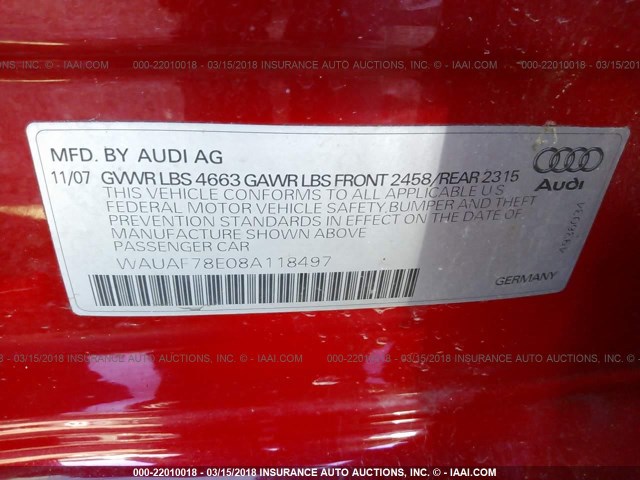 WAUAF78E08A118497 - 2008 AUDI A4 2.0T RED photo 9