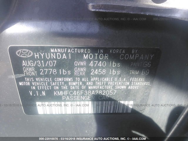 KMHFC46F38A282057 - 2008 HYUNDAI AZERA SE/LIMITED SILVER photo 9