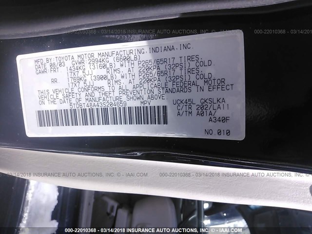 5TDBT48A43S204659 - 2003 TOYOTA SEQUOIA LIMITED BLACK photo 9