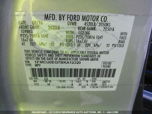 1FMCU0EG7BKA12320 - 2011 FORD ESCAPE LIMITED SILVER photo 9