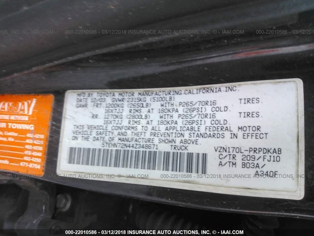 5TEHN72N44Z348671 - 2004 TOYOTA TACOMA DOUBLE CAB 黑色 照片 9