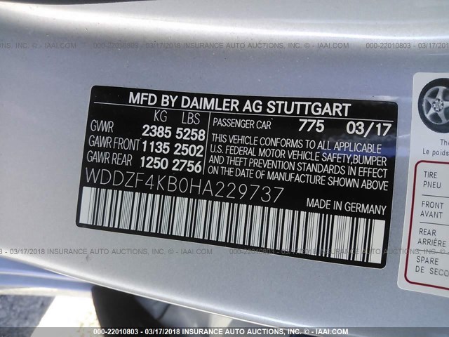 WDDZF4KB0HA229737 - 2017 MERCEDES-BENZ E 300 4MATIC SILVER photo 9