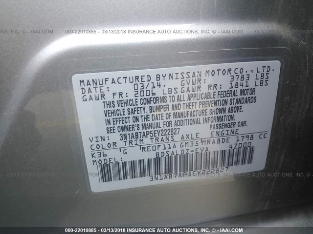 3N1AB7AP5EY222827 - 2014 NISSAN SENTRA S/SV/SR/SL GRAY photo 9