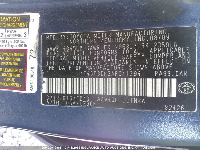 4T4BF3EK3AR044394 - 2010 TOYOTA CAMRY SE/LE/XLE BLUE photo 9