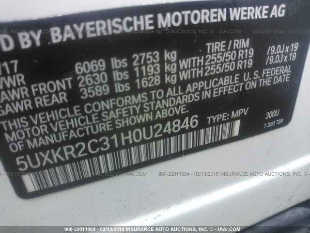 5UXKR2C31H0U24846 - 2017 BMW X5 SDRIVE35I WHITE photo 9